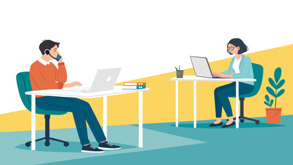 Two colleagues working remotely, ideal for illustrating telecommuting, collaboration, or modern workspace concepts.