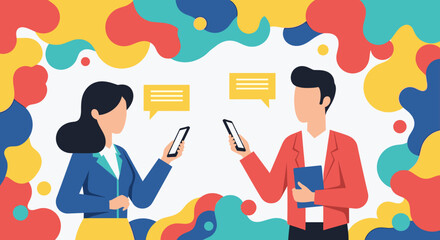 Modern illustration of two business colleagues communicating via smartphone, ideal for websites and presentations.