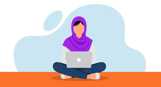 Muslim woman working on laptop, perfect for websites and brochures promoting diversity and inclusion.