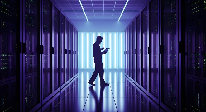 Silhouette in server room aisle holding a digital tablet. Bright backlight and colorfully lit servers. Data center technician.