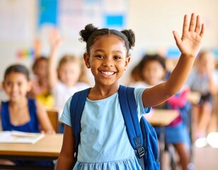 Smiling girl raising hand in class