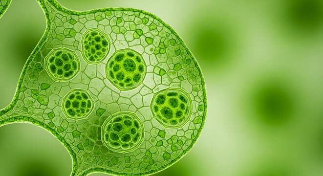 Microscopic view of green plant cells showcasing internal spherical structures surrounded by polygonal cell walls, all in varying shades of green.
