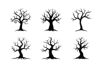 Collection of six detailed black bare tree silhouettes against a white background