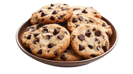delicious chocolate chip cookies round shape in a plate isolated on white background.