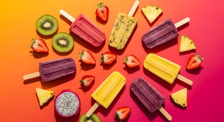 Colorful popsicles and fruit on a vibrant backdrop evoke a summery and refreshing mood. Perfect for a sweet and healthy treat!