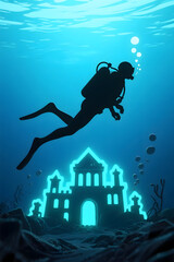 3D silhouette icon of a diver swimming toward an ancient sunken city with glowing outlines, evoking mystery, discovery, and deep-sea adventure — rendered in minimal style on a clean white background