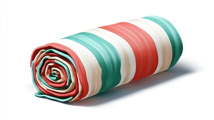 A rolled, striped item, featuring alternating stripes of green, red, and white on a white background