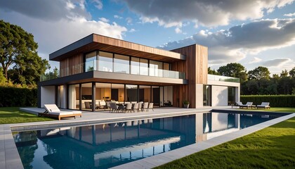 Modern home with pool, reflecting in water. Large contemporary house with light-toned wooden siding and dark gray accents. Glass walls offer expansive views.