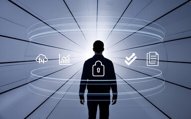 Cybersecurity concept with a person's silhouette protected by a lock icon. Futuristic background with data management symbols representing cloud protection, analytics and compliance.