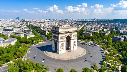 Naklejka na ściany i meble High-angle view of the Arc de Triomphe in Paris, France, on a sunny day, with the cityscape spread out around it