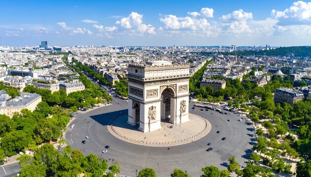 High-angle view of the Arc de Triomphe in Paris, France, on a sunny day, with the cityscape spread out around it