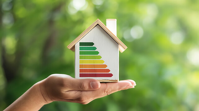 Expertly showcase sustainable living with a miniature house featuring a vibrant energy efficiency rating scale held gently in a person's hand against lush greenery