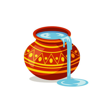 An ornate, traditional clay pot filled with water that is overflowing onto the ground.