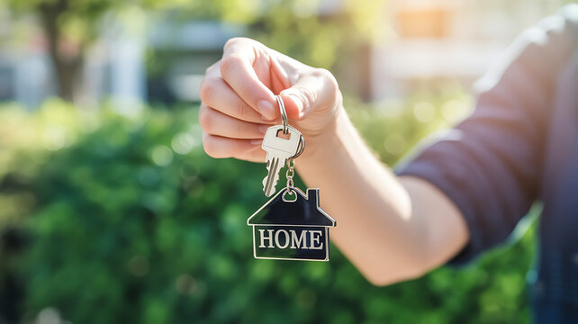 Excitedly holding house keys with a charming home keychain, celebrating new beginnings and the dream of homeownership under a sunny sky.
