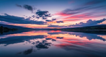 Fototapeta premium Vibrant Sunset Over a Serene Lake Reflecting the Colorful Sky and Distant Hills
