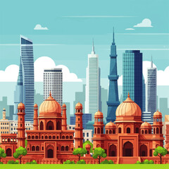 Obraz premium Illustration of a cityscape featuring a blend of modern skyscrapers and traditional Mughal architecture under a bright sky.
