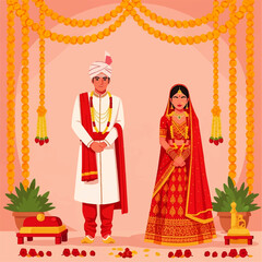 Indian wedding ceremony featuring a groom and bride in traditional attire, adorned with floral decorations.