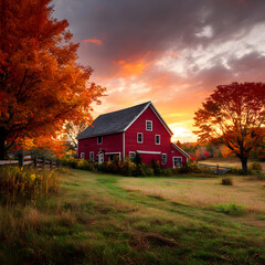 Obraz premium Vibrant Autumn Landscape Featuring Red Barn Surrounded by Colorful Trees Under Dramatic Sky