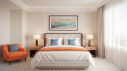 Fototapeta premium Elegant bedroom interior with warm orange accents and soft natural light