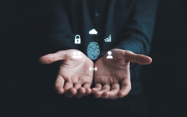 A businessman holds a holographic interface with a fingerprint for biometric security. A concept of data protection, user identity, cloud access, and business growth technology.
