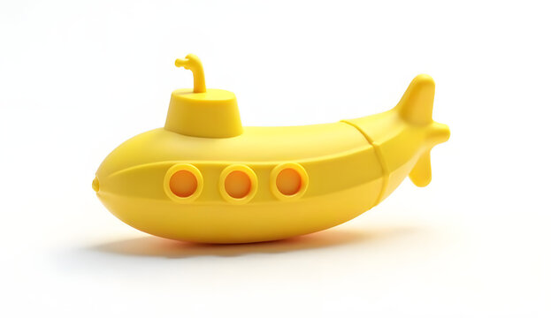 3D plastic-style icon of a bright yellow submarine shaped like a peeled banana, with periscope and windows on the peel, glossy toy-like proportions and soft shadows