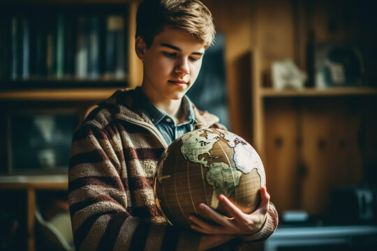 Schoolboy Holds Globe in Library Looking at Globe with Feeling of Surprise and Curiosity