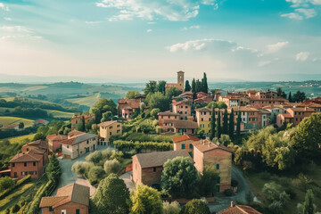 Fototapeta premium Historic European Village with Church Bell Tower on Hill Captured from Drone View in Scenic Landscape