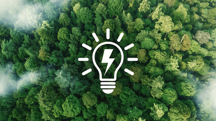 Discover innovative green energy solutions with a bright idea icon illuminating a lush, vibrant forest canopy, symbolizing eco-friendly power and sustainability.