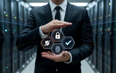 A professional manager in a suit protecting a holographic interface with cybersecurity icons in a server room. A concept of data protection, digital privacy and network security.
