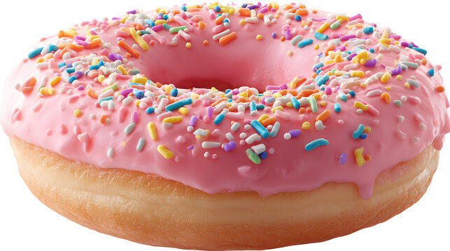 Pink donut with colorful sprinkles isolated on a white background