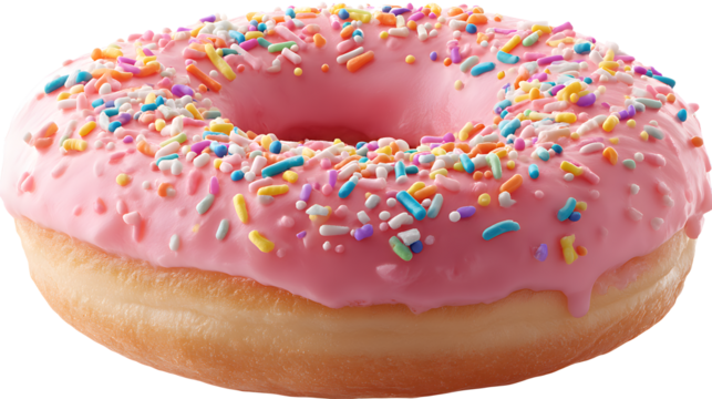 Pink donut with colorful sprinkles isolated on a white background