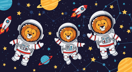 Three cute lion astronauts floating in space, perfect for children's books, space-themed projects, or websites. © Pattern Library
