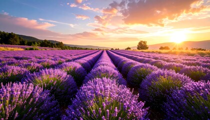 Naklejka premium Lavender field at sunset. Vast field of purple lavender flowers stretches into the distance at golden hour