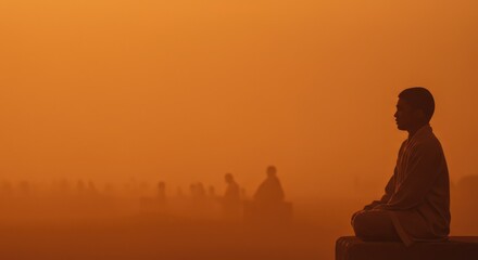 A solitary figure meditating in a hazy, orange landscape