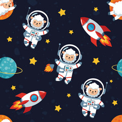 Fototapeta premium Cute sheep astronauts and rockets seamless pattern, perfect for kids' clothing, fabrics, or wallpaper.