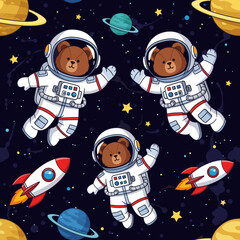 Cute teddy bears in spacesuits floating in space, perfect for children's book illustrations or space-themed fabric prints.