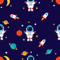 Naklejka premium Cute Astronaut and Rocket Seamless Pattern for Kids' Products