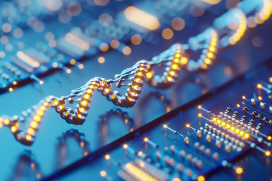 DNA Double Helix Structure Merging with Digital Microchips and Binary Code Representing Artificial Intelligence Evolution