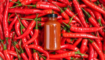 Top view of a hot sauce bottle surrounded by fresh red chili peppers. Spicy, vibrant, and bold composition perfect for culinary or food concept visuals.

