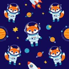 Adorable fox astronaut seamless pattern for kids' clothing, bedding, or wallpaper.