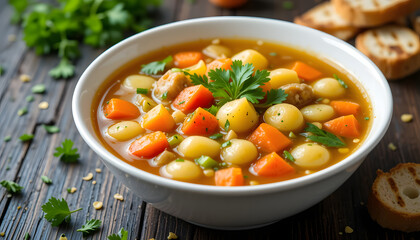 Hearty Vegetable Soup with Bread Croutons