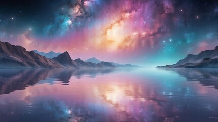 Fototapeta premium Colorful Galaxy Reflection on Water with Mountains - Serene Space Landscape