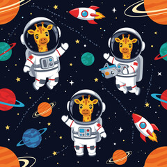 Adorable giraffes in spacesuits exploring the cosmos, perfect for children's books or textile prints.