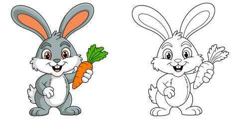 Fototapeta premium Happy gray bunny holding orange carrot rabbit cartoon