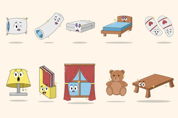 Cute Household Icon Set with Funny Expressions – Kawaii Vector Characters