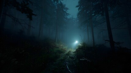 A first-person perspective shot of walking on a path in a dark, spooky forest at night, lit by a flashlight. A survival horror concept.

