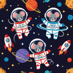 Adorable mice astronauts floating in space, perfect for children's books, textile prints, or websites.