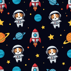 Cute dog astronauts and rockets seamless pattern for kids' apparel, fabric, or space-themed projects. © Pattern Library