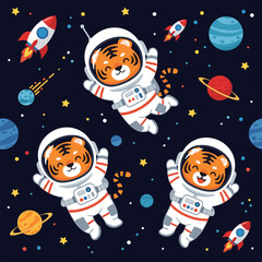 Cute tiger astronauts floating in space, perfect for children's books, textiles, or websites.