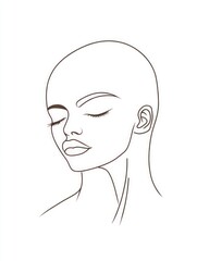 Bald woman's face, eyes closed, brown line art, portrait